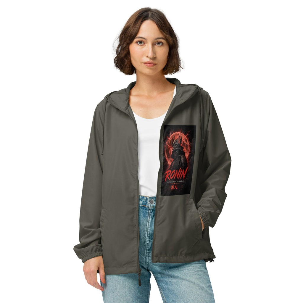 Warlord's Brew Windbreaker, graphite front: Blood Moon RONIN samurai art on the left chest