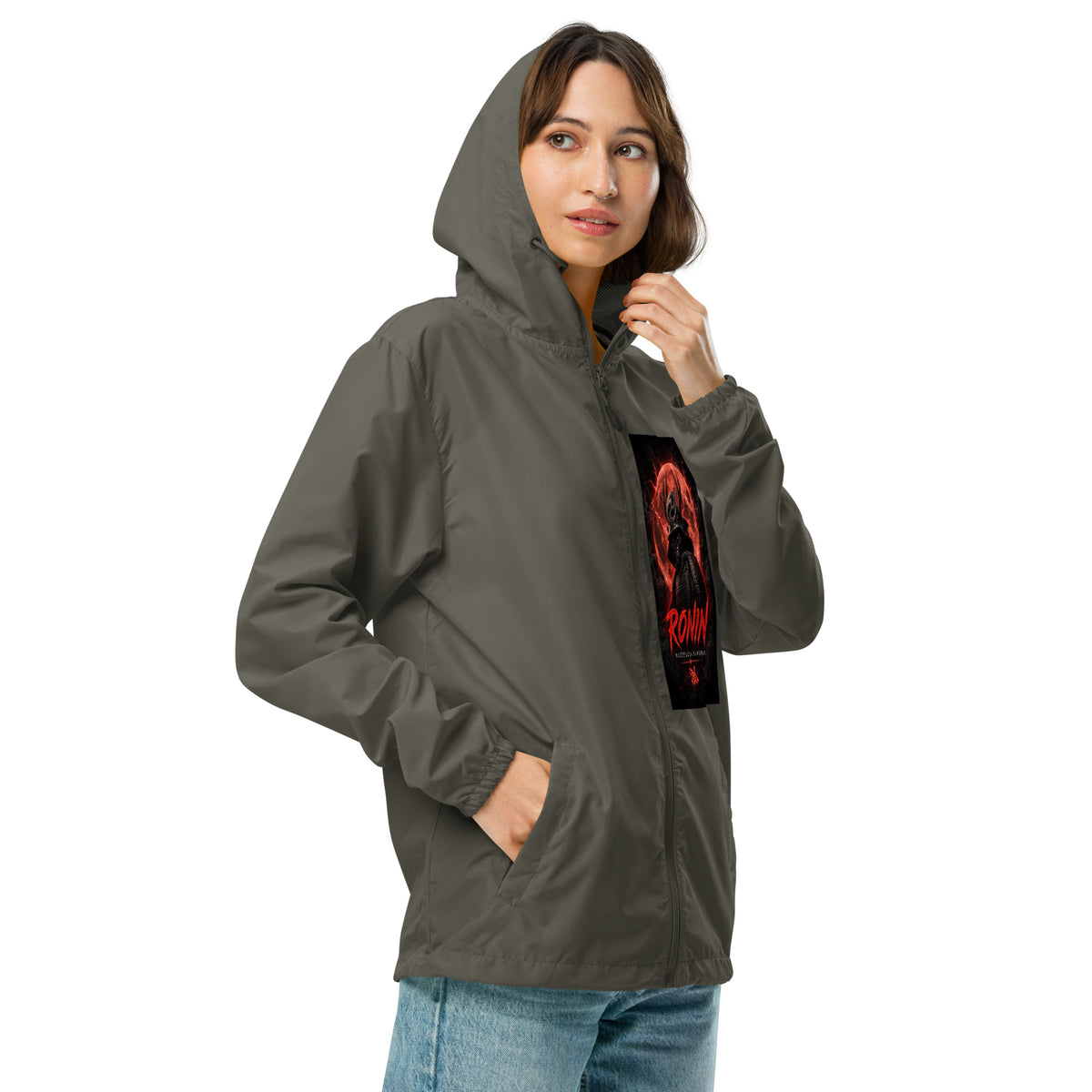 Clan at the Tip Windbreaker, graphite right front: Blood Moon RONIN samurai art on the left chest