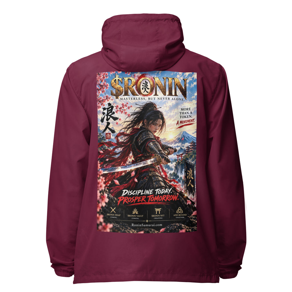 Discipline Today Ronin Windbreaker, maroon back: back print of a female samurai lunging with a katana before Fuji under a gold $RONIN