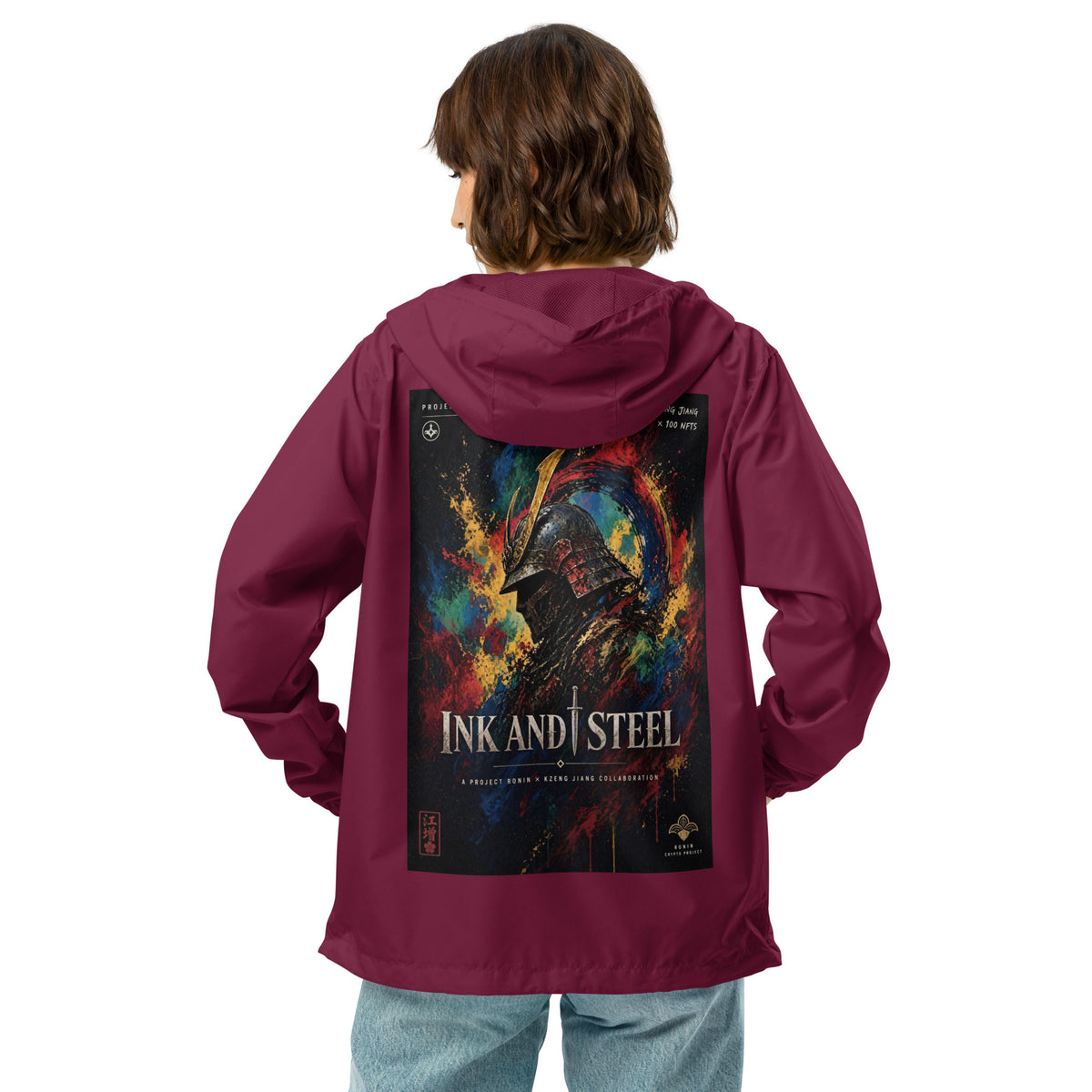 Ink and Steel Samurai Windbreaker, maroon back: back print of a samurai in a gold-crested helmet amid paint splashes, INK AND STEEL