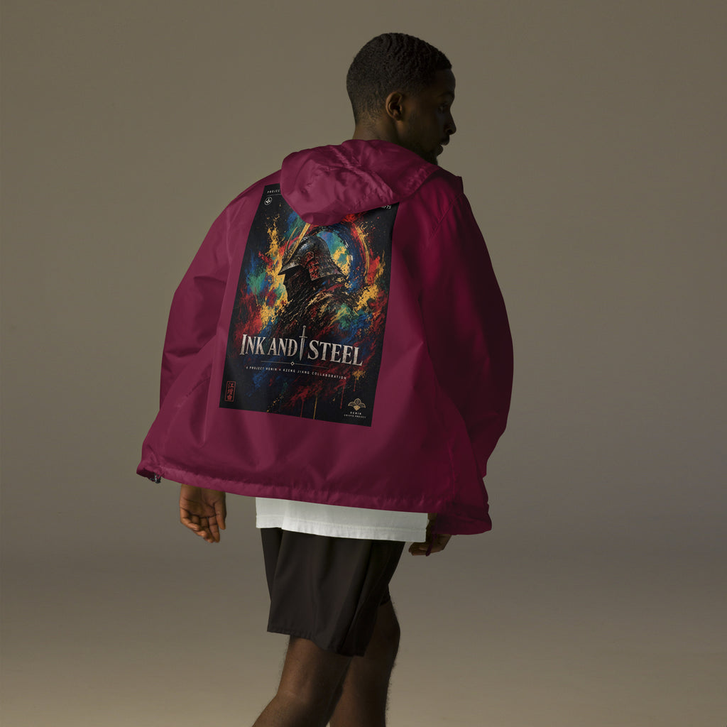 Ink and Steel Samurai Windbreaker, maroon back: back print of a samurai in a gold-crested helmet amid paint splashes, INK AND STEEL