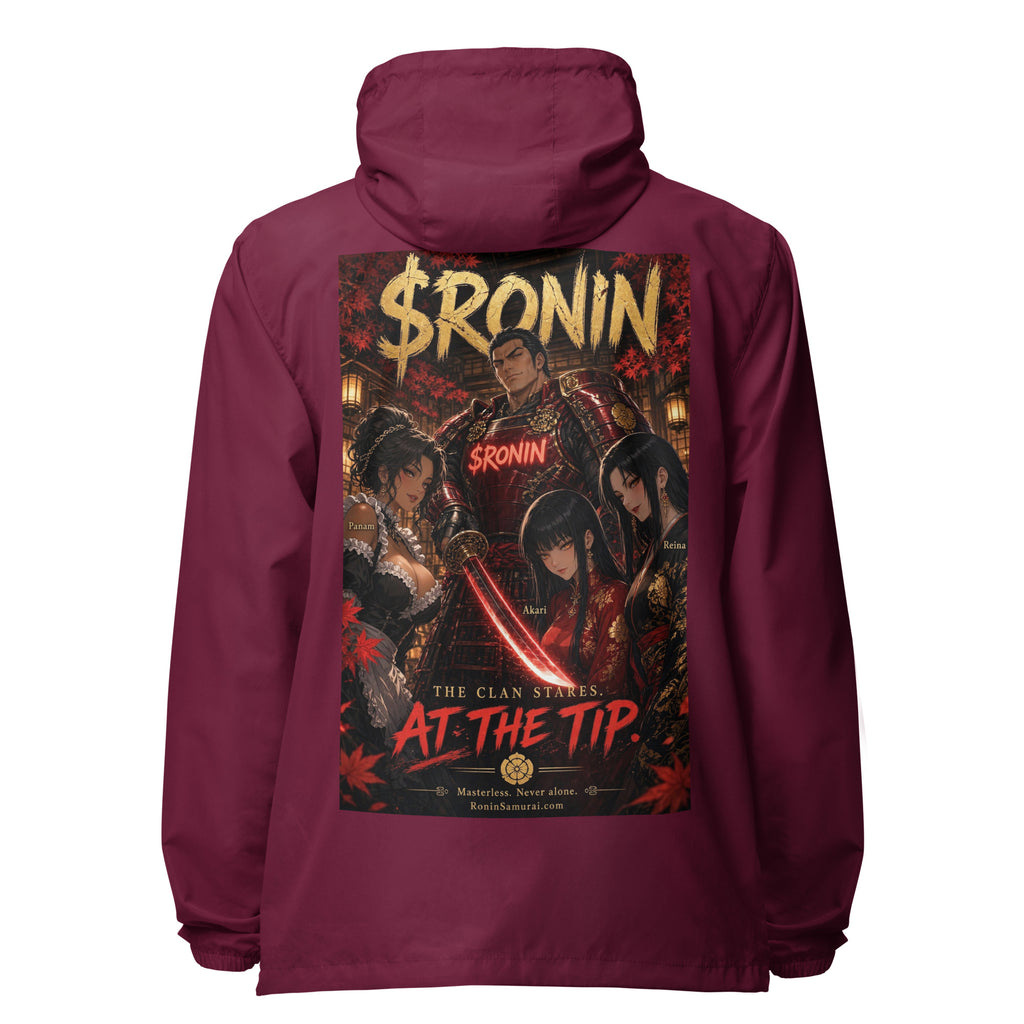 Clan at the Tip Windbreaker, maroon back: back print of a red-armored samurai with three swordswomen, THE CLAN AT THE TIP