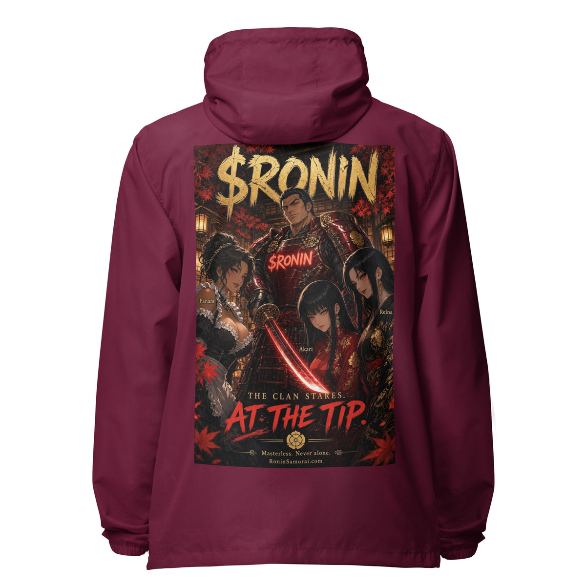 Clan at the Tip Windbreaker, maroon back: back print of a red-armored samurai with three swordswomen, THE CLAN AT THE TIP