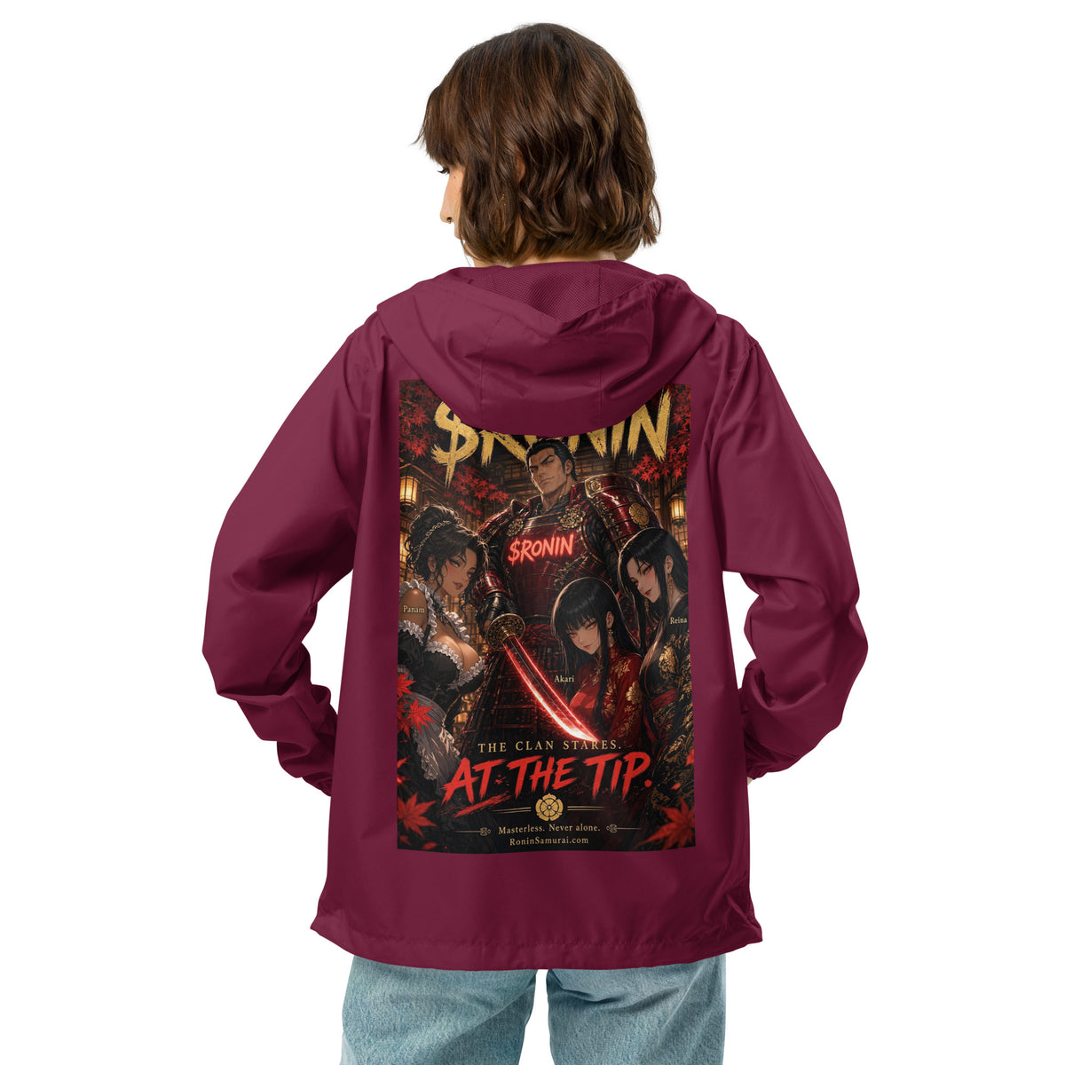 Clan at the Tip Windbreaker, maroon back: back print of a red-armored samurai with three swordswomen, THE CLAN AT THE TIP