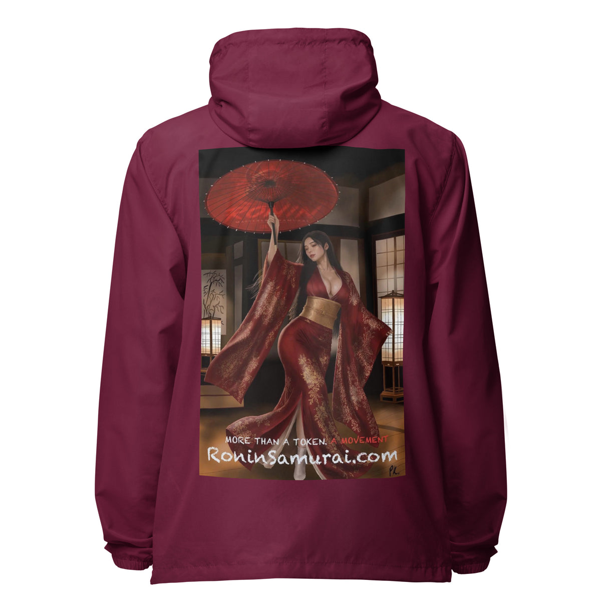 Red Parasol Ronin Windbreaker, maroon back: back print of a woman in a red kimono holding a red parasol in a shoji room