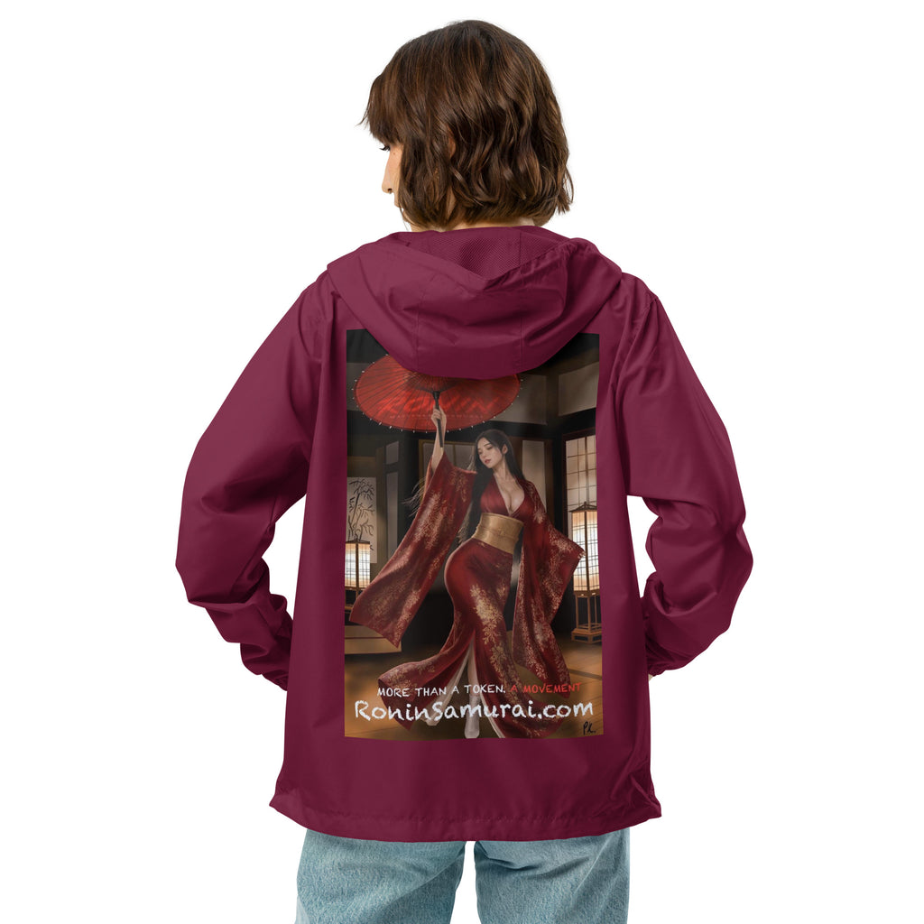 Red Parasol Ronin Windbreaker, maroon back: back print of a woman in a red kimono holding a red parasol in a shoji room