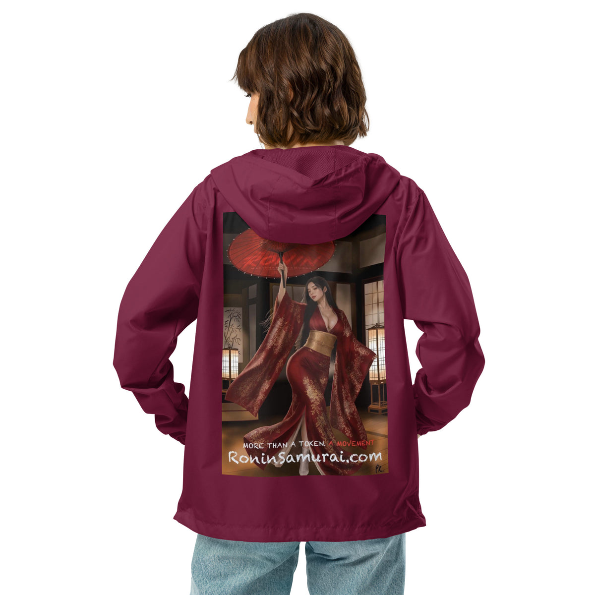 Red Parasol Ronin Windbreaker, maroon back: back print of a woman in a red kimono holding a red parasol in a shoji room