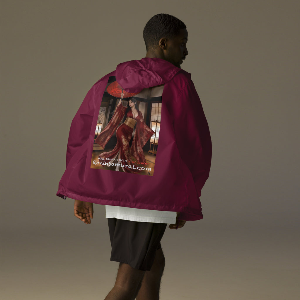 Red Parasol Ronin Windbreaker, maroon back: back print of a woman in a red kimono holding a red parasol in a shoji room
