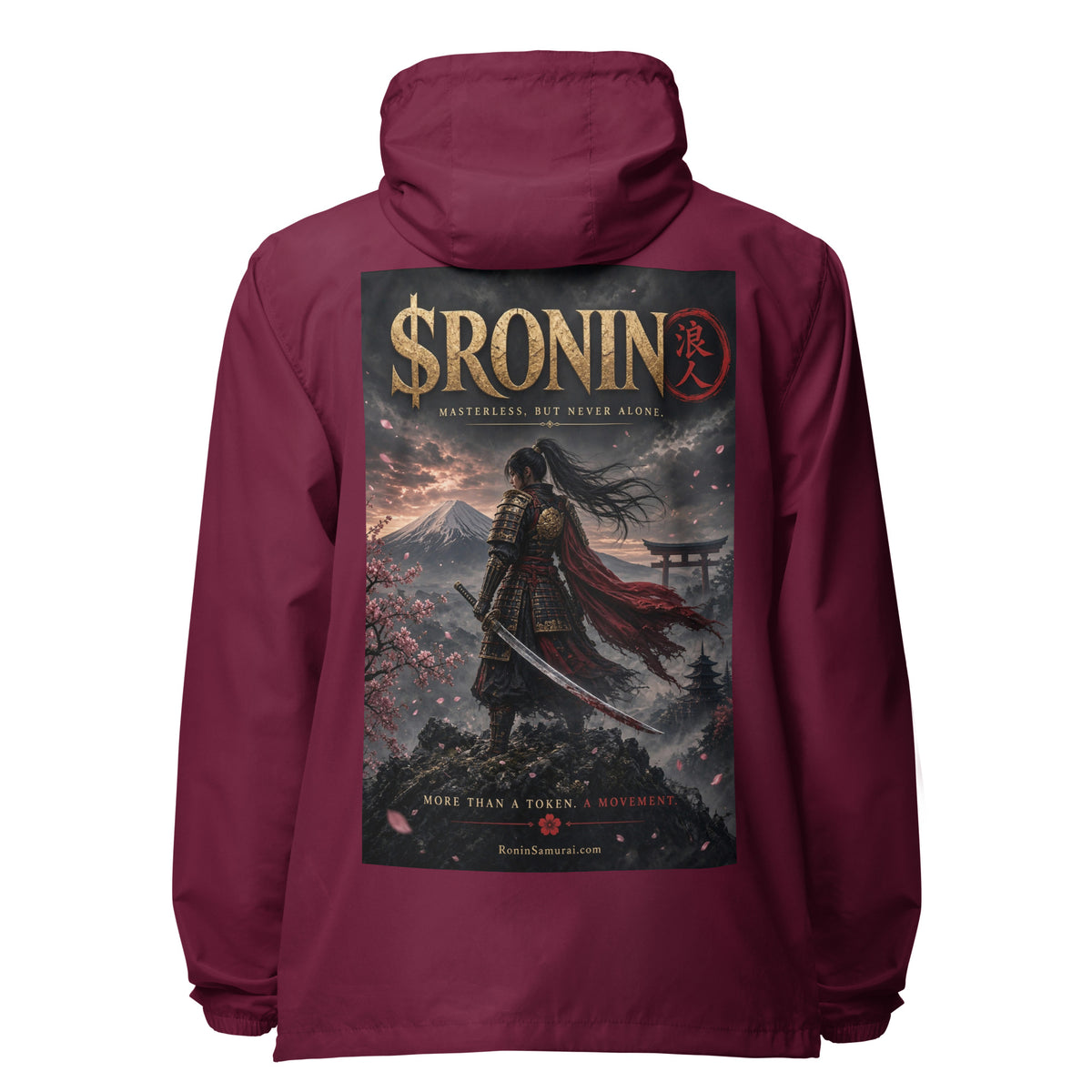 Torii Ridge Ronin Windbreaker, maroon back: back print of a caped female samurai on a ridge facing Fuji and a torii under gold $RONIN