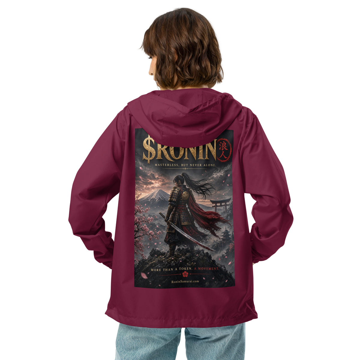 Torii Ridge Ronin Windbreaker, maroon back: back print of a caped female samurai on a ridge facing Fuji and a torii under gold $RONIN