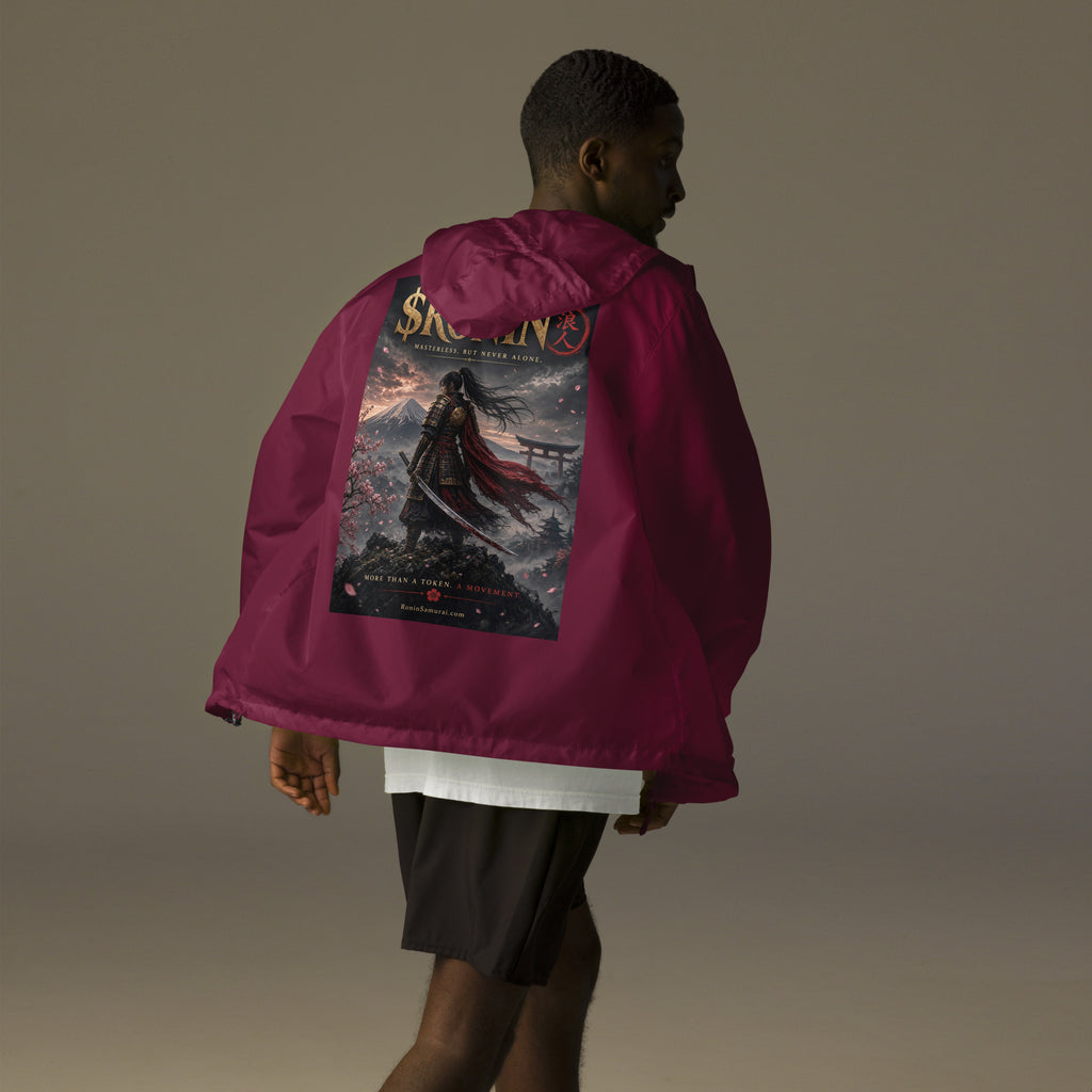Torii Ridge Ronin Windbreaker, maroon back: back print of a caped female samurai on a ridge facing Fuji and a torii under gold $RONIN