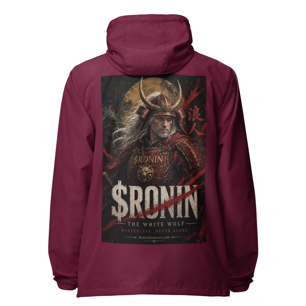 Silver-Haired Ronin Windbreaker, maroon back: back print of a silver-haired, scarred warrior in crimson armor and gold-horned kabuto under a bold $RONIN title