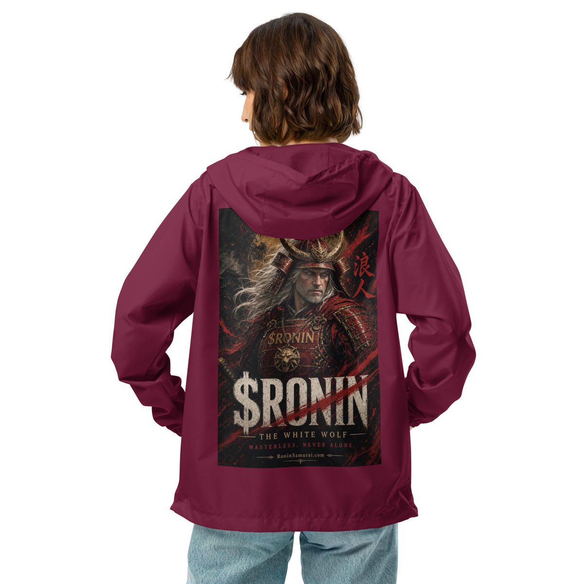 Silver-Haired Ronin Windbreaker, maroon back: back print of a silver-haired, scarred warrior in crimson armor and gold-horned kabuto under a bold $RONIN title