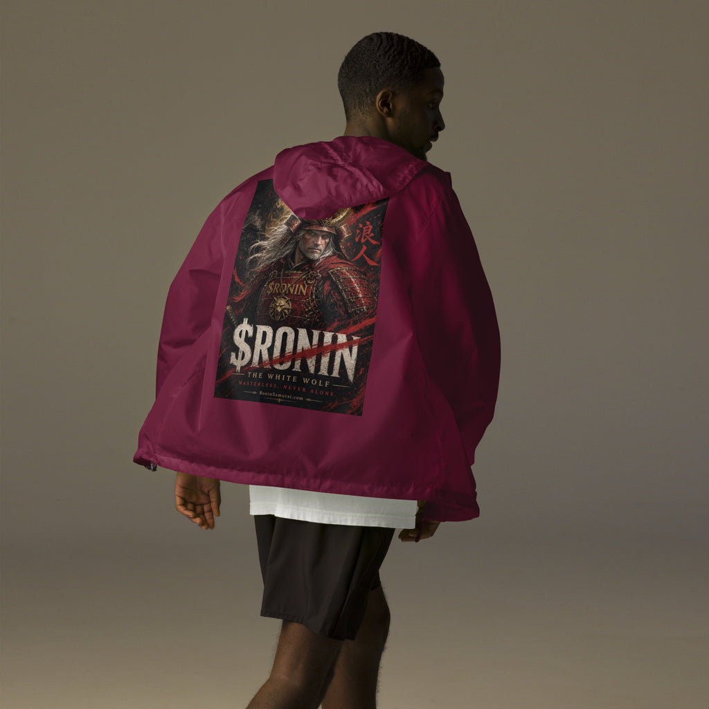 Silver-Haired Ronin Windbreaker, maroon back: back print of a silver-haired, scarred warrior in crimson armor and gold-horned kabuto under a bold $RONIN title