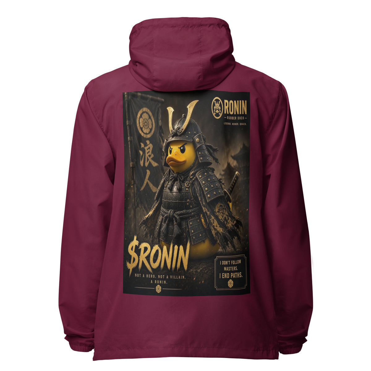 Samurai Rubber Duck Windbreaker, maroon back: back print of a yellow rubber duck in black-and-gold samurai armor, gold $RONIN