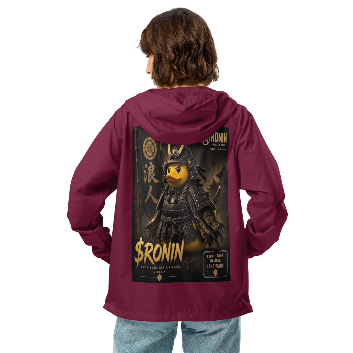 Samurai Rubber Duck Windbreaker, maroon back: back print of a yellow rubber duck in black-and-gold samurai armor, gold $RONIN