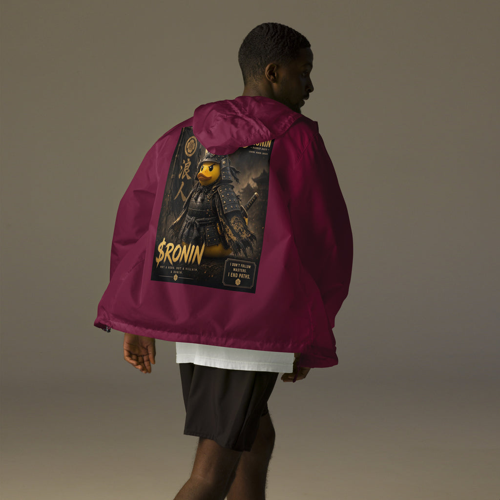 Samurai Rubber Duck Windbreaker, maroon back: back print of a yellow rubber duck in black-and-gold samurai armor, gold $RONIN