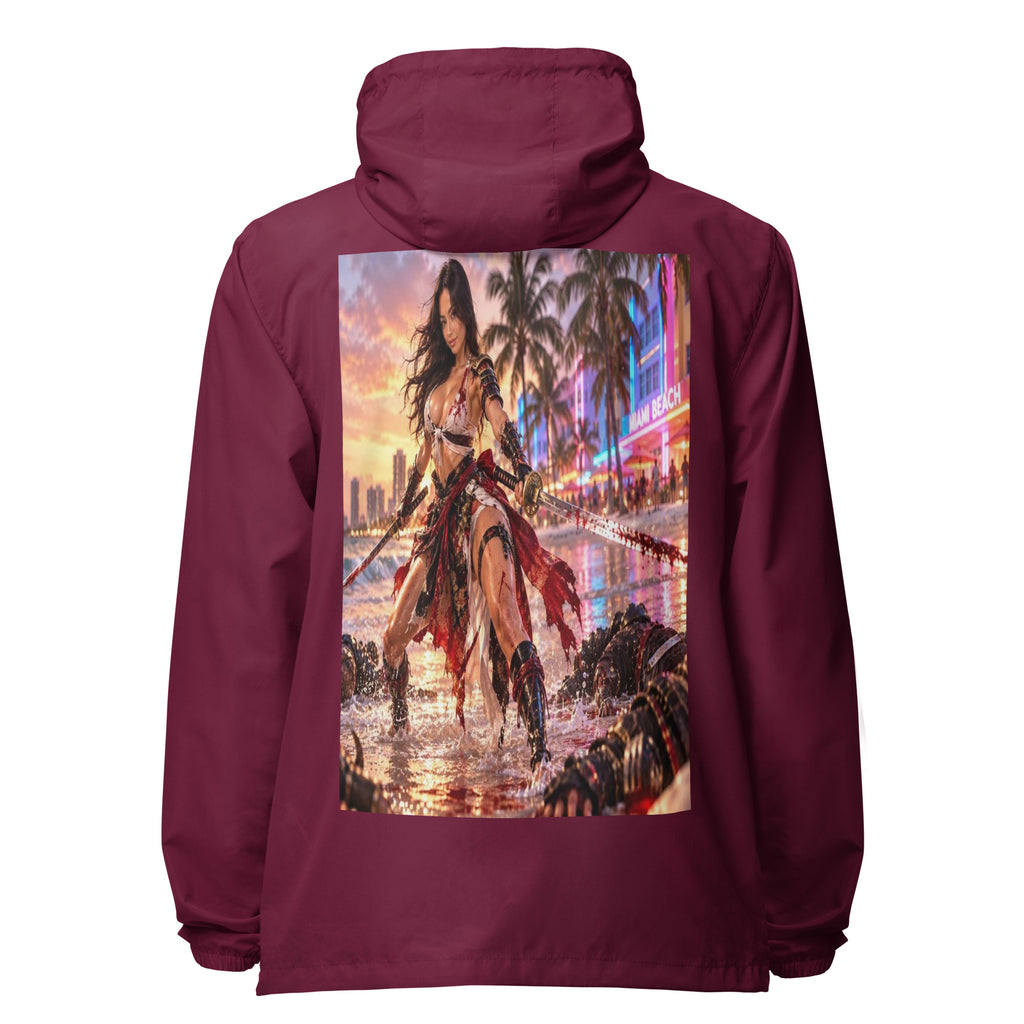 Miami Beach Ronin Windbreaker, maroon back: back print of a dual-katana warrior in the surf before a neon Miami Beach skyline