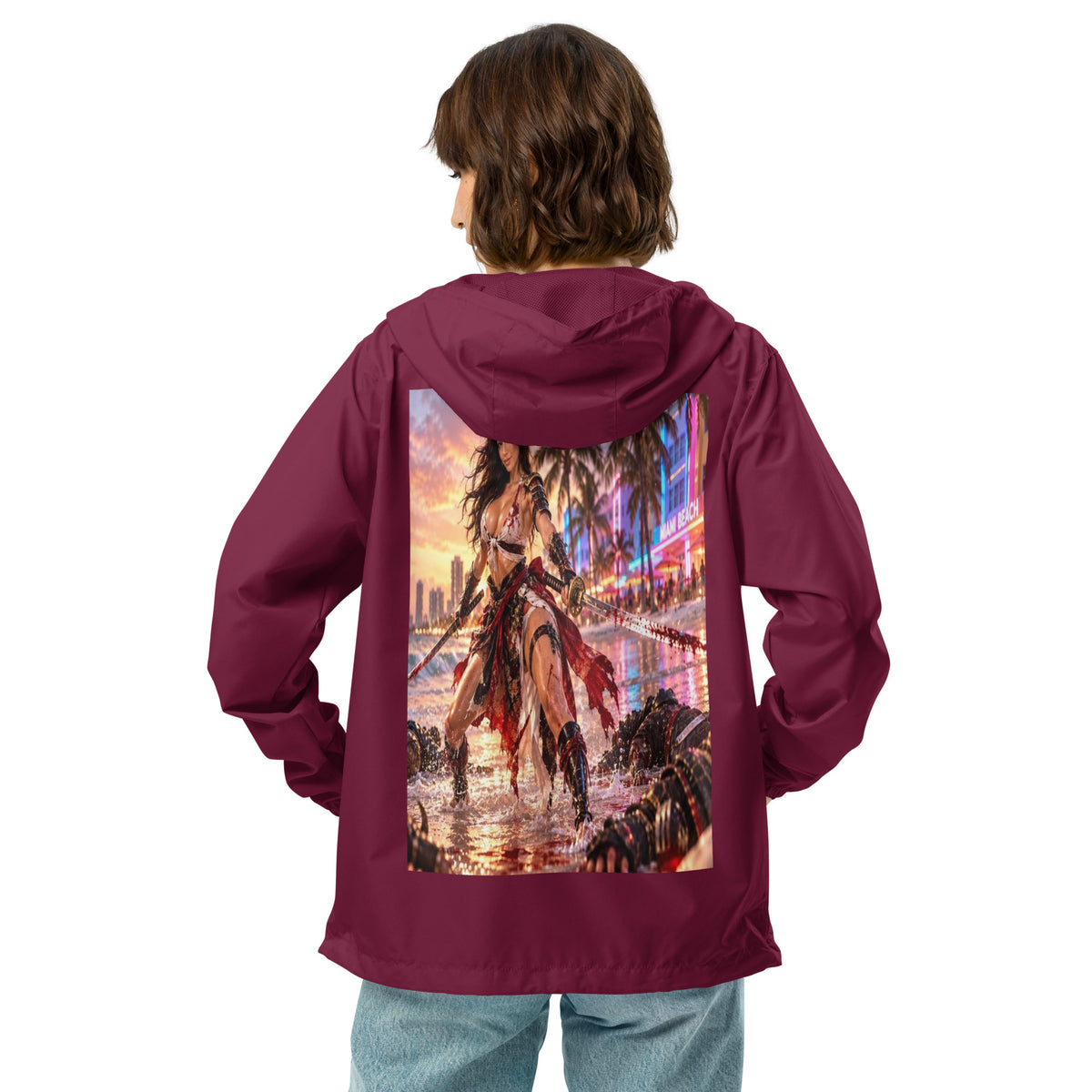 Miami Beach Ronin Windbreaker, maroon back: back print of a dual-katana warrior in the surf before a neon Miami Beach skyline