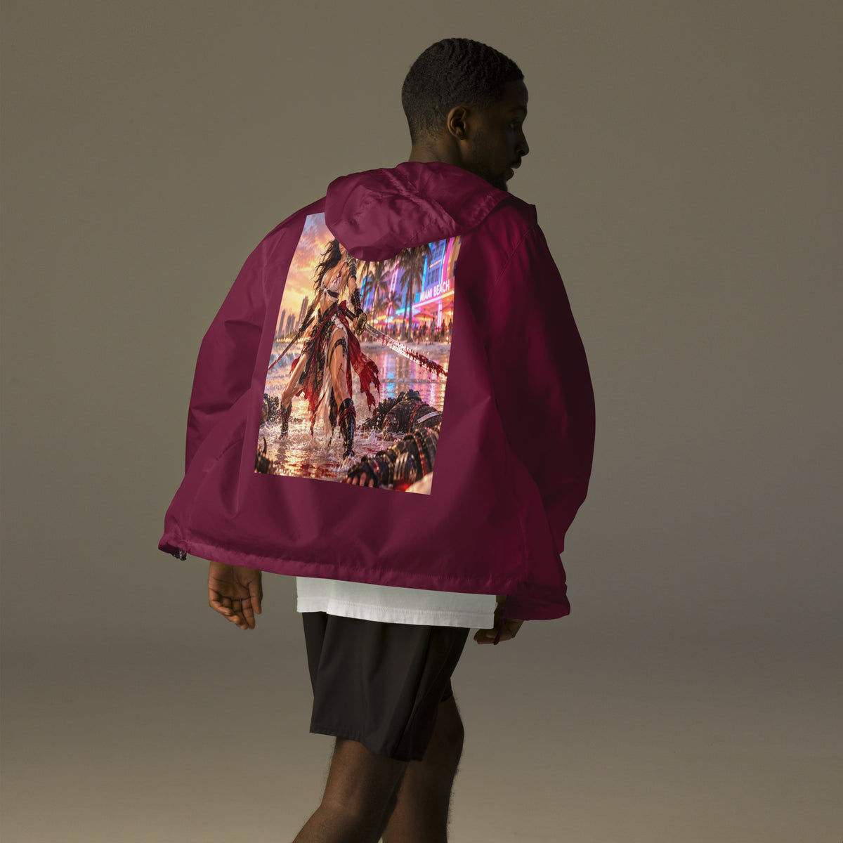Miami Beach Ronin Windbreaker, maroon back: back print of a dual-katana warrior in the surf before a neon Miami Beach skyline