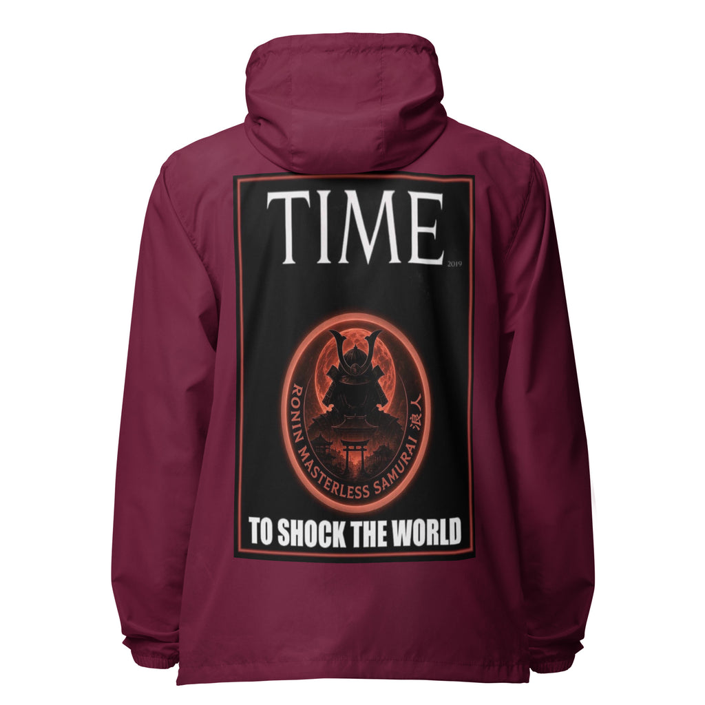 Ronin Cover Story Windbreaker, maroon back: back print of a red-framed cover-style poster with the round RONIN samurai seal and TO SHOCK THE WORLD