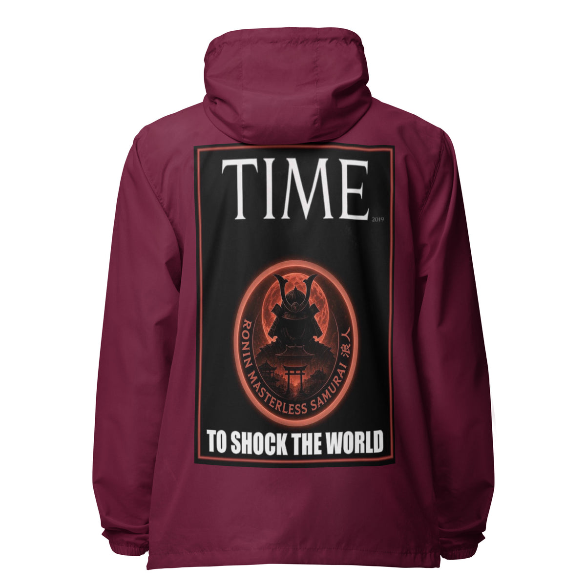Ronin Cover Story Windbreaker, maroon back: back print of a red-framed cover-style poster with the round RONIN samurai seal and TO SHOCK THE WORLD