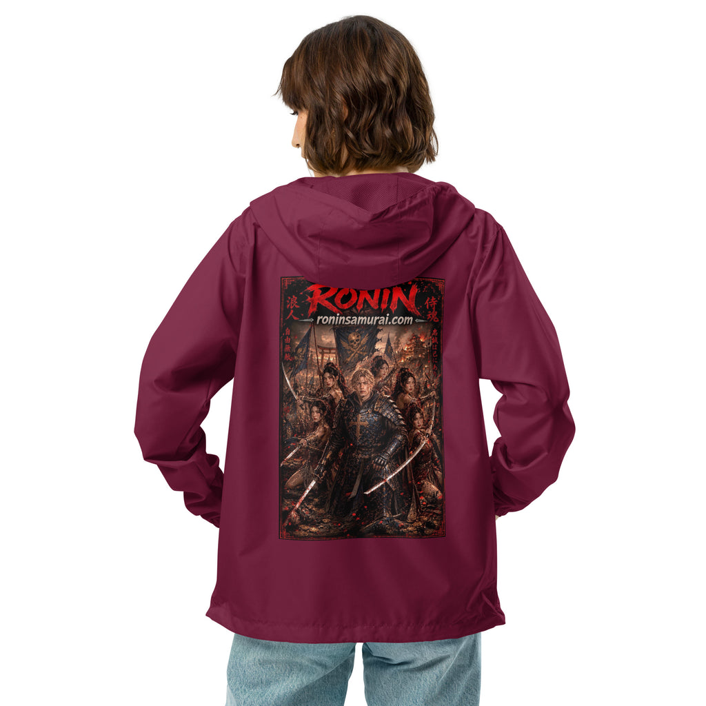 Ronin Warband Windbreaker, maroon back: back print of an armored warband on a burning battlefield under a red RONIN title