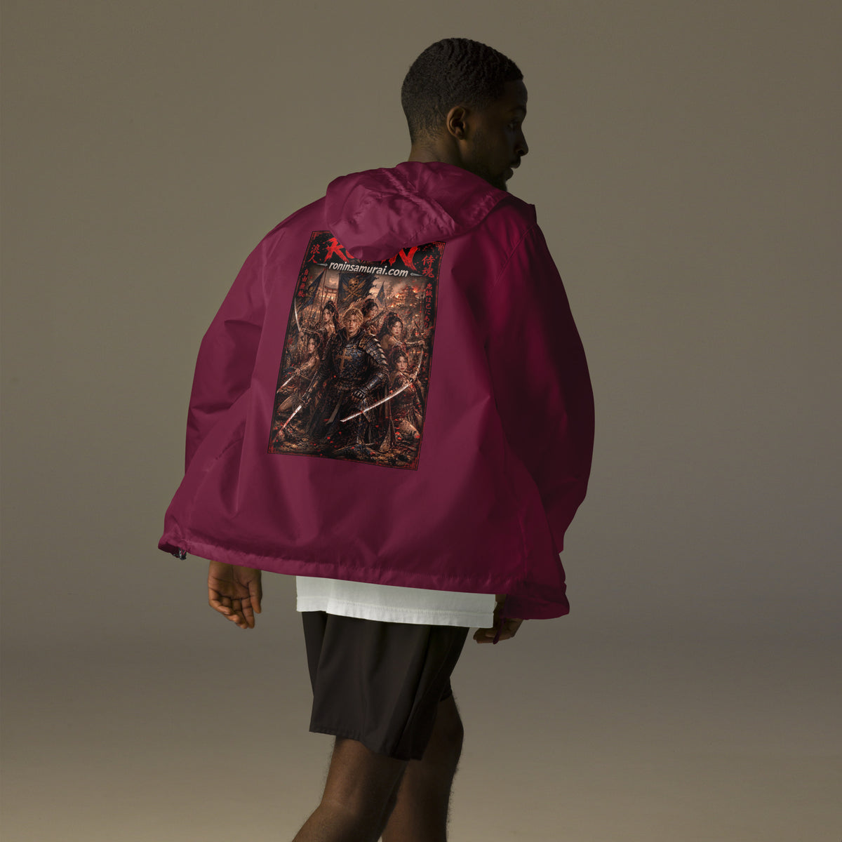 Ronin Warband Windbreaker, maroon back: back print of an armored warband on a burning battlefield under a red RONIN title