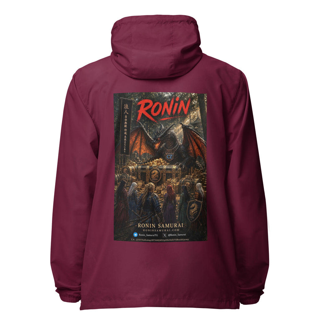 Golden Dragon Ronin Windbreaker, maroon back: back print of a dark dragon on a golden hoard facing armored warriors, red RONIN