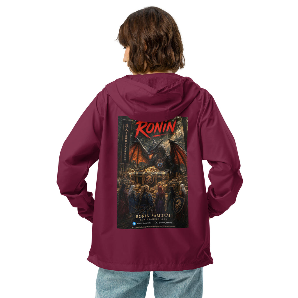 Golden Dragon Ronin Windbreaker, maroon back: back print of a dark dragon on a golden hoard facing armored warriors, red RONIN