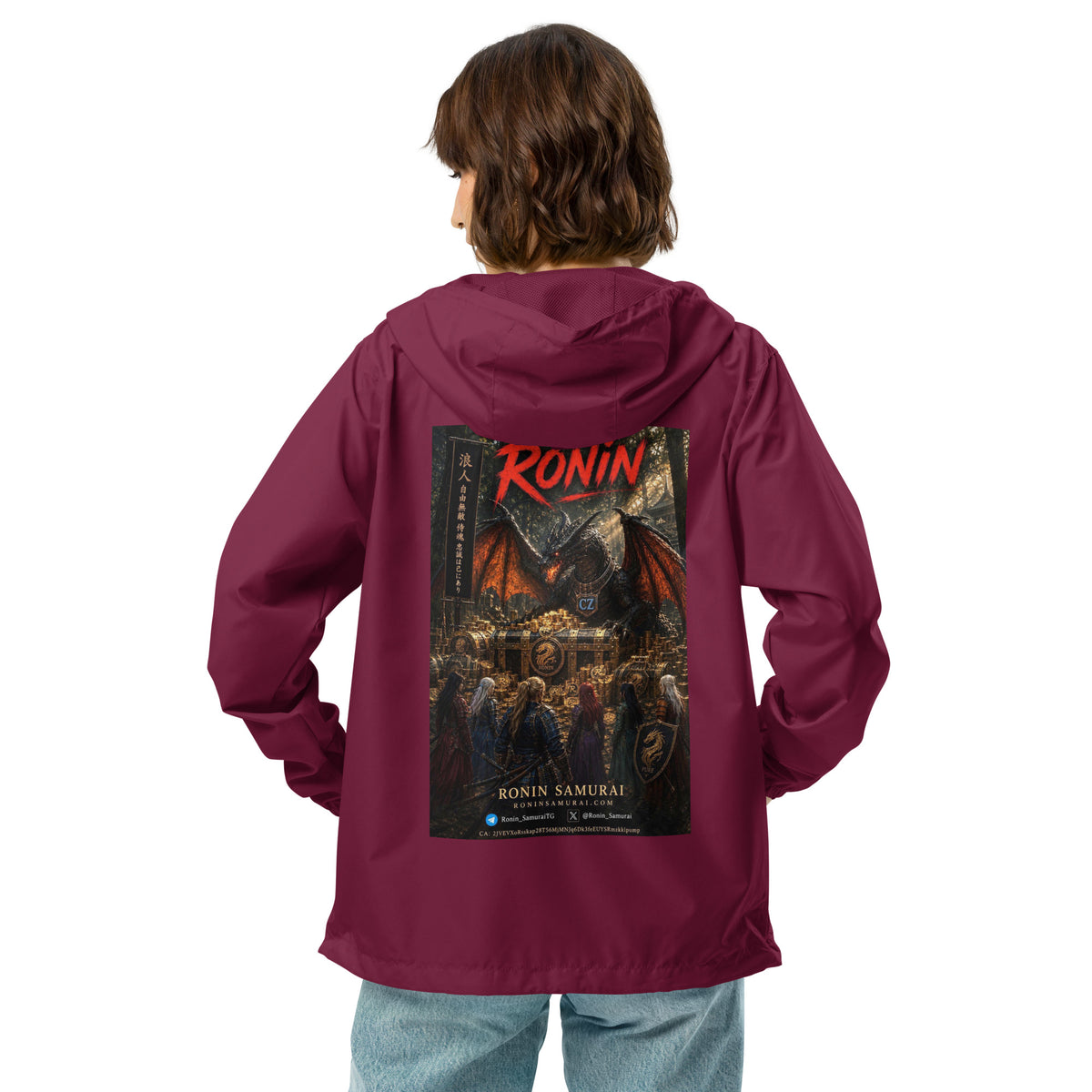 Golden Dragon Ronin Windbreaker, maroon back: back print of a dark dragon on a golden hoard facing armored warriors, red RONIN