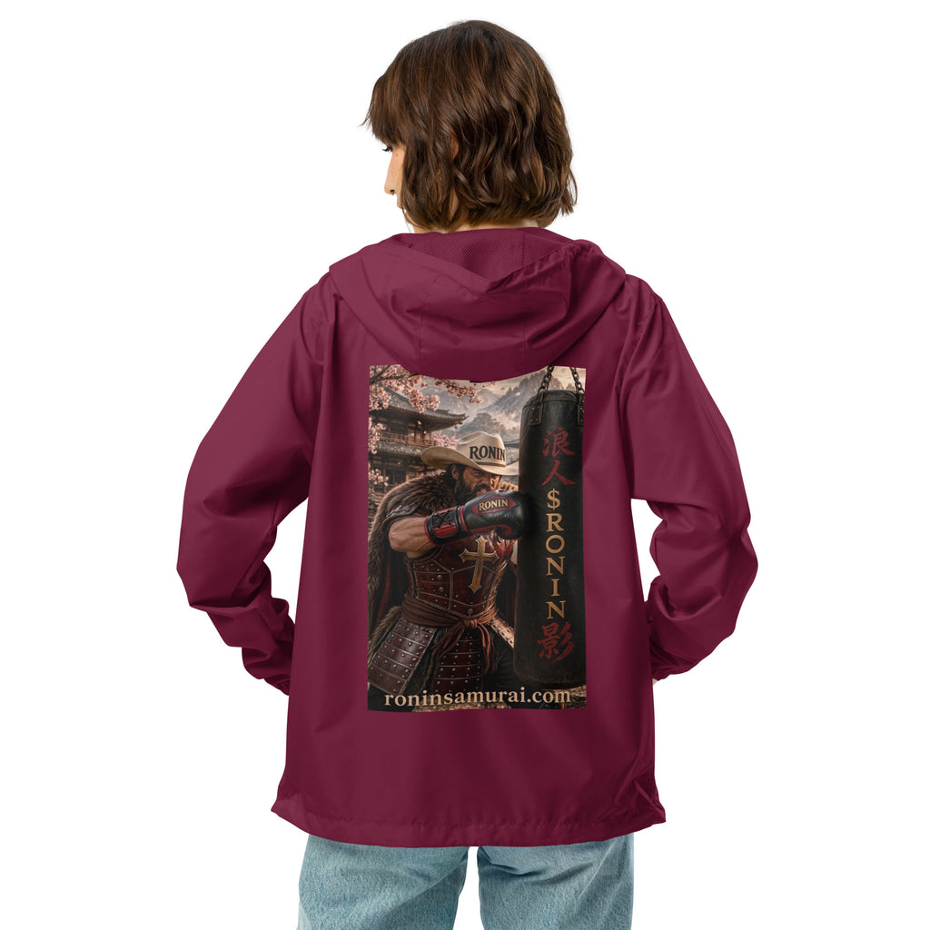 Heavy Bag Ronin Windbreaker, maroon back: back print of a cowboy-hat samurai boxer punching a heavy bag lettered 浪人 $RONIN