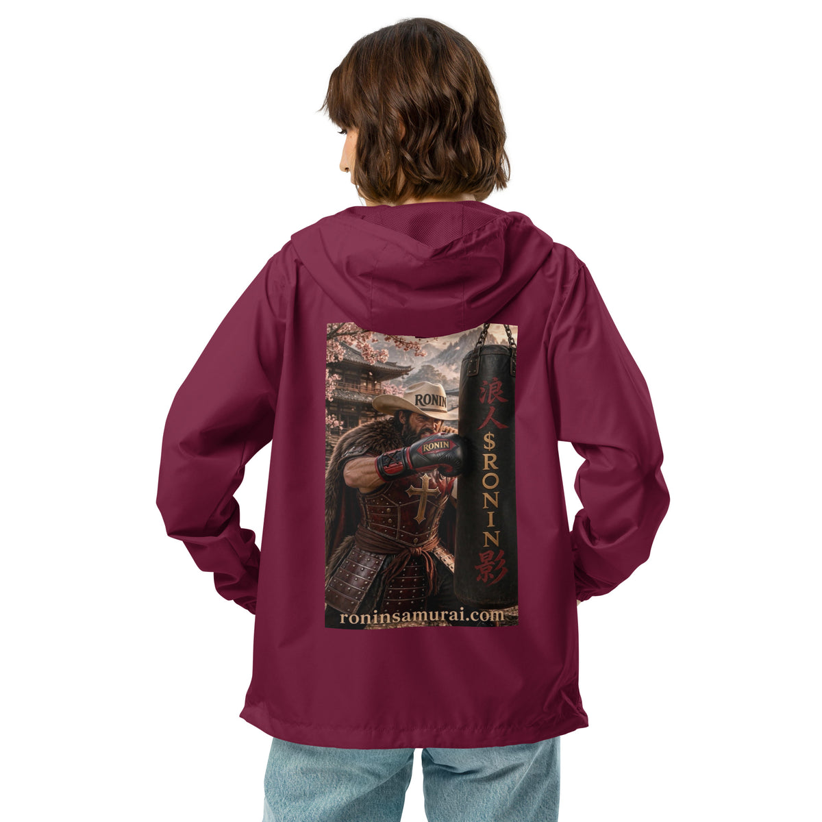Heavy Bag Ronin Windbreaker, maroon back: back print of a cowboy-hat samurai boxer punching a heavy bag lettered 浪人 $RONIN
