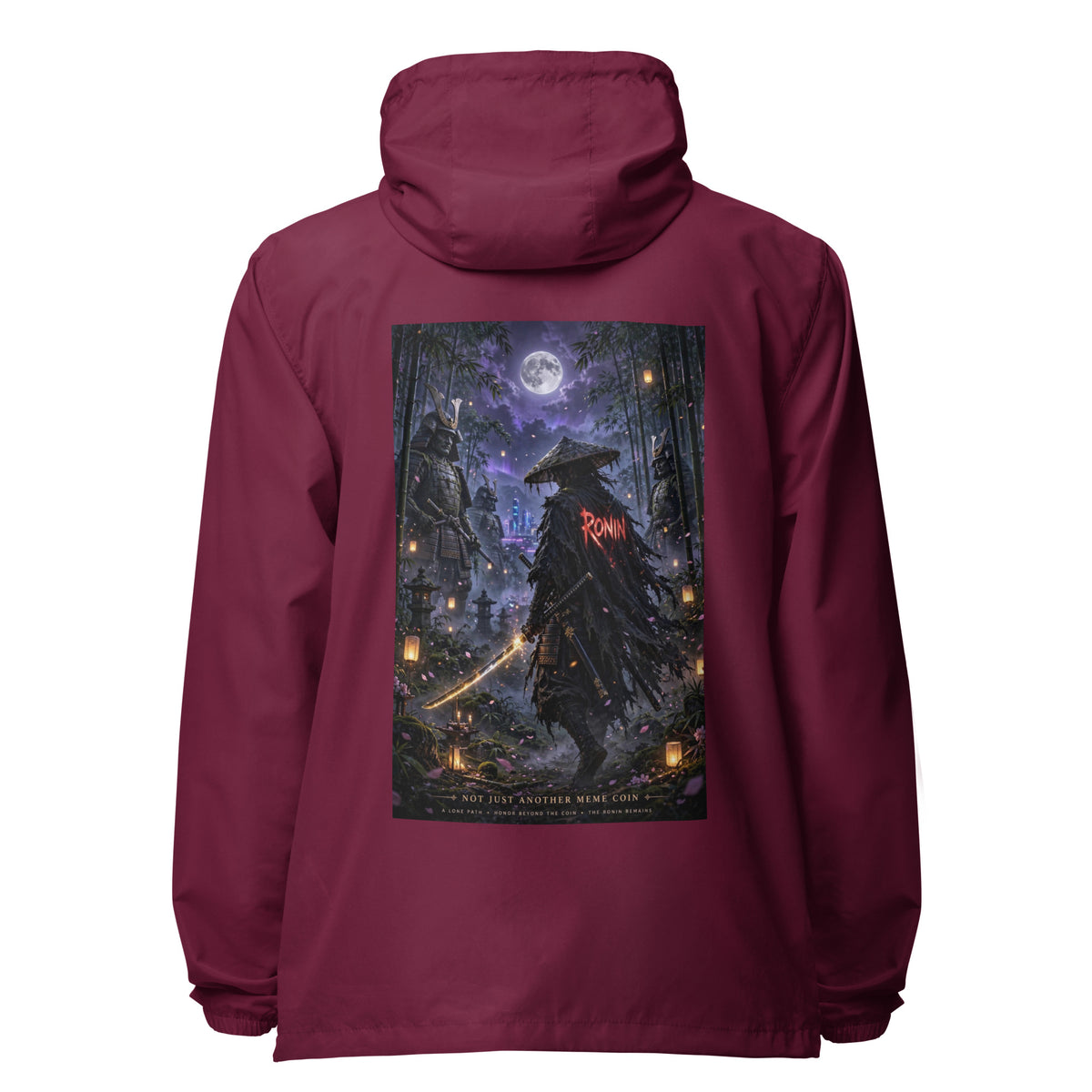 Bamboo Moon Ronin Windbreaker, maroon back: back print of a straw-hat ronin with a glowing katana in a moonlit lantern bamboo grove