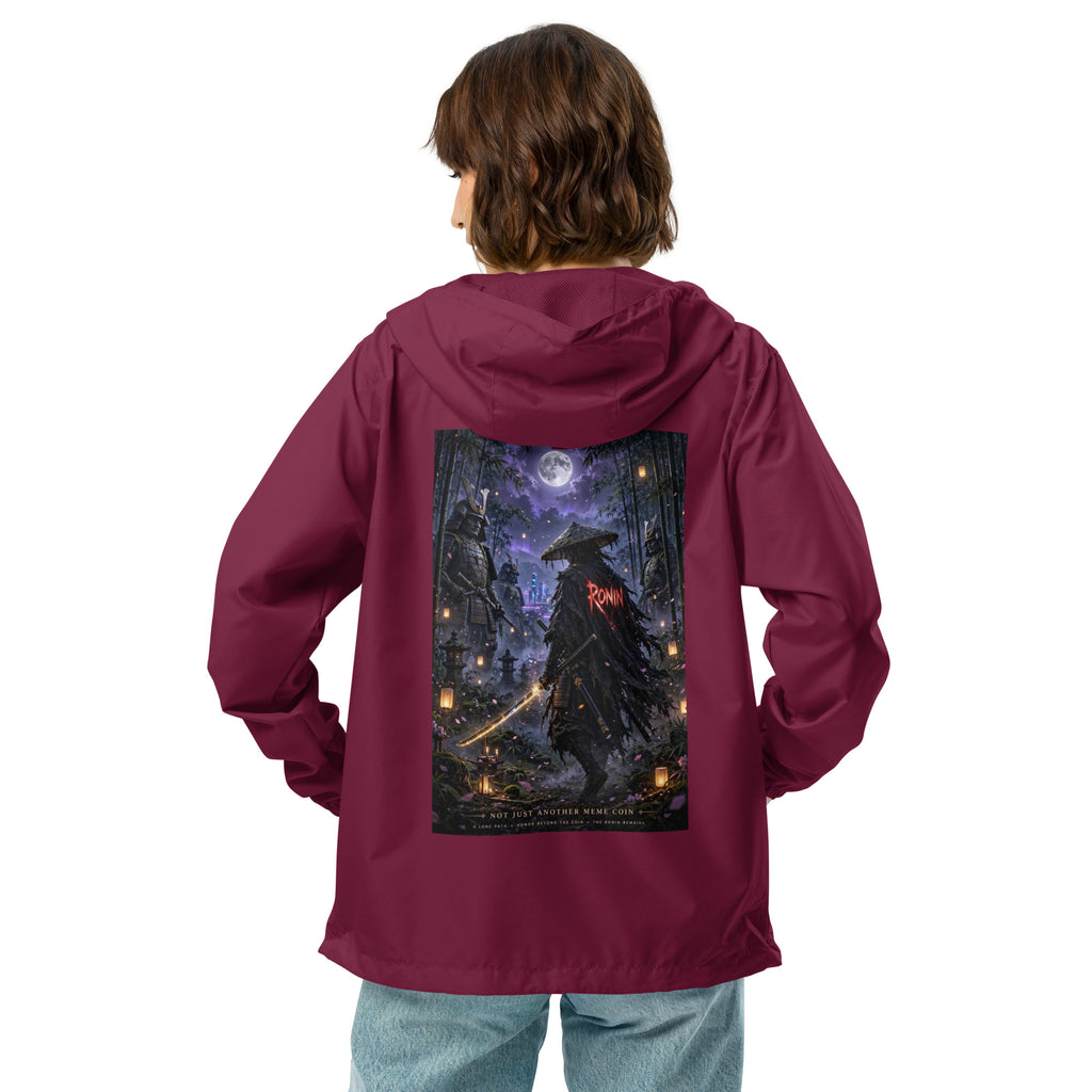 Bamboo Moon Ronin Windbreaker, maroon back: back print of a straw-hat ronin with a glowing katana in a moonlit lantern bamboo grove