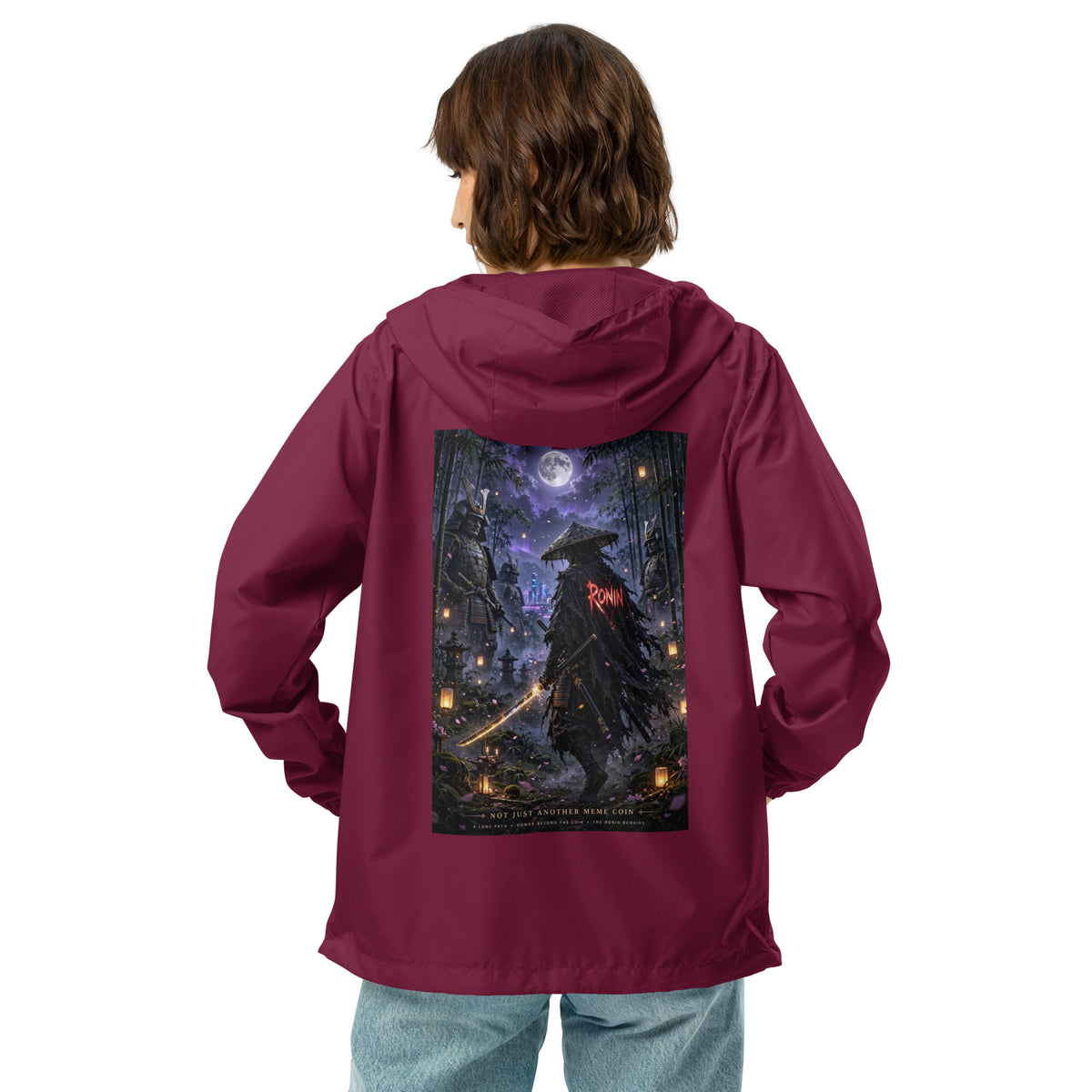 Bamboo Moon Ronin Windbreaker, maroon back: back print of a straw-hat ronin with a glowing katana in a moonlit lantern bamboo grove