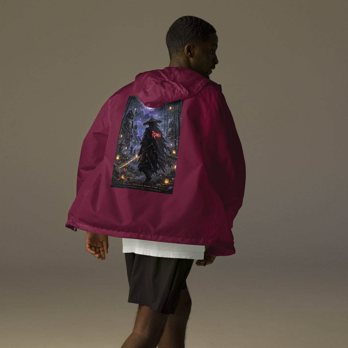 Bamboo Moon Ronin Windbreaker, maroon back: back print of a straw-hat ronin with a glowing katana in a moonlit lantern bamboo grove