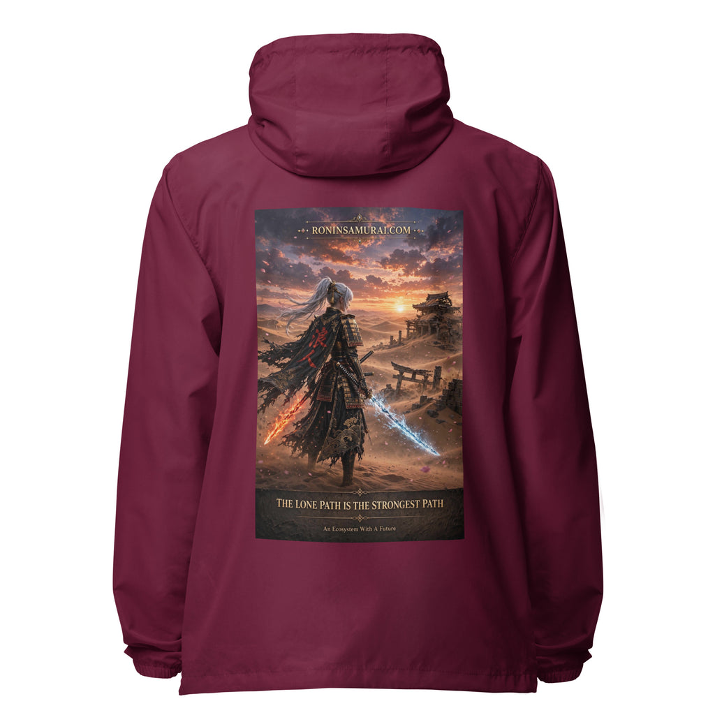 Lone Path Ronin Windbreaker, maroon back: back print of a white-haired samurai with fire and ice blades in a sunset desert