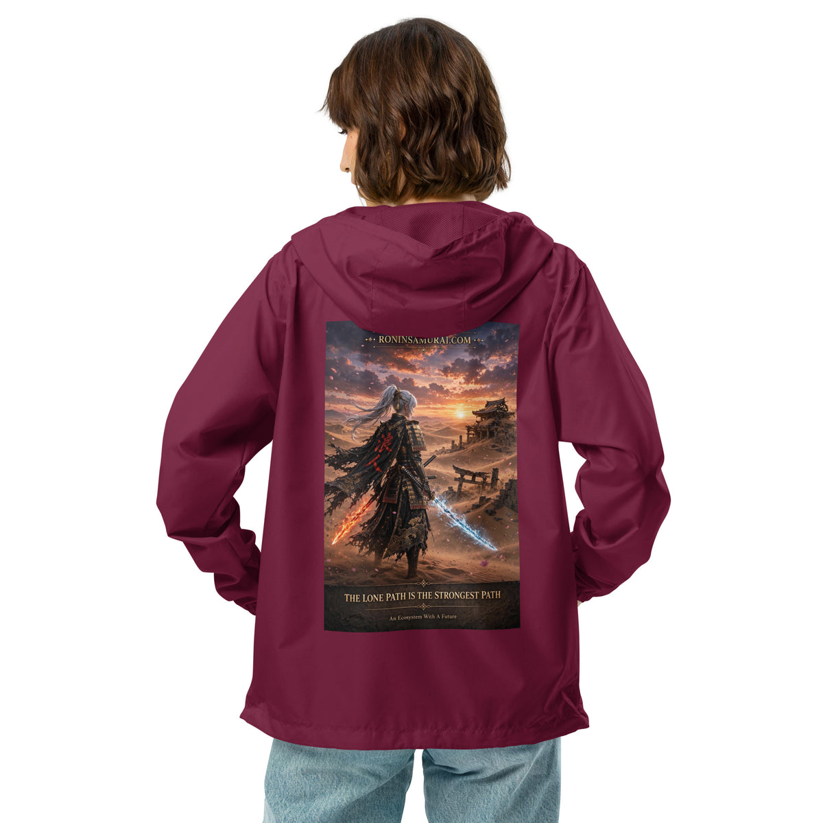 Lone Path Ronin Windbreaker, maroon back: back print of a white-haired samurai with fire and ice blades in a sunset desert
