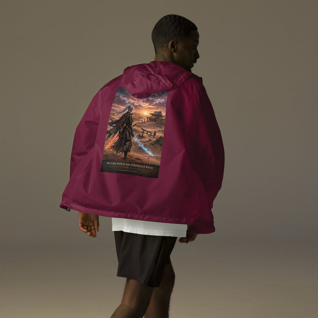 Lone Path Ronin Windbreaker, maroon back: back print of a white-haired samurai with fire and ice blades in a sunset desert