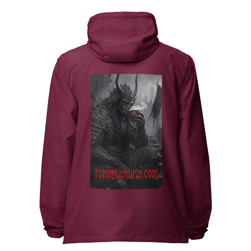 Warlord's Brew Windbreaker, maroon back: back print of a dark horned armored warlord sipping a steaming cup
