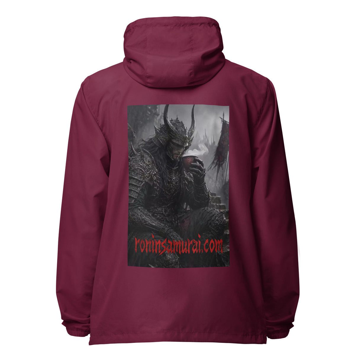 Warlord's Brew Windbreaker, maroon back: back print of a dark horned armored warlord sipping a steaming cup