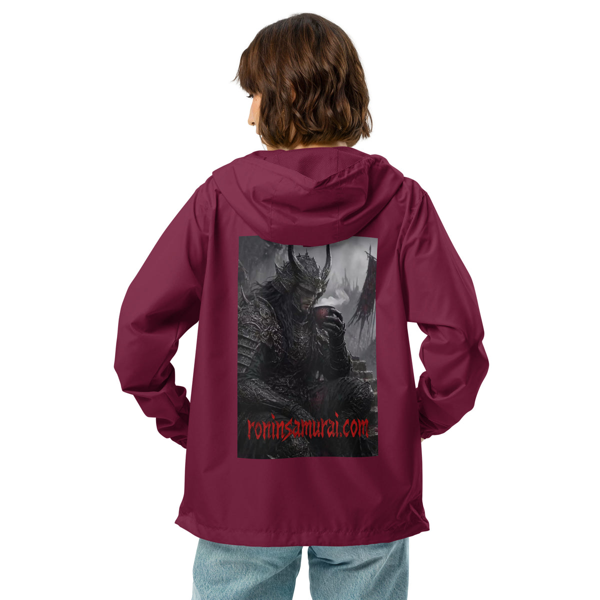 Warlord's Brew Windbreaker, maroon back: back print of a dark horned armored warlord sipping a steaming cup