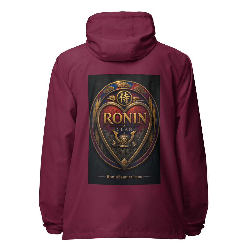 Royal Crest Ronin Clan Windbreaker, maroon back: gilded red-and-gold heart shield with the 侍 seal, RONIN CLAN and kabuto emblem