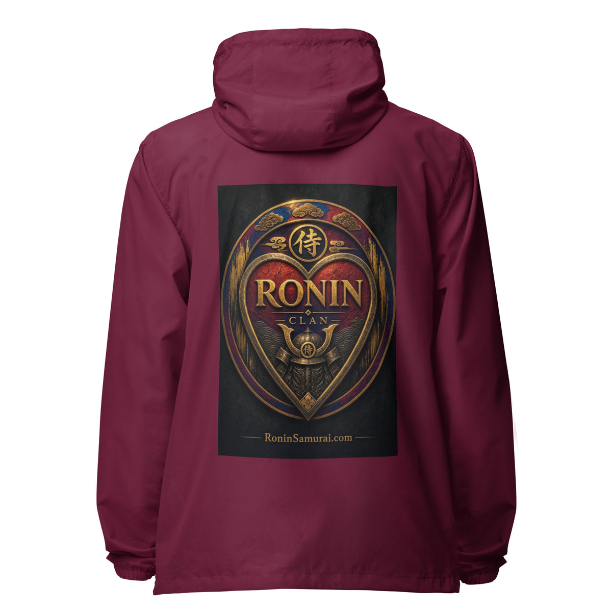 Royal Crest Ronin Clan Windbreaker, maroon back: gilded red-and-gold heart shield with the 侍 seal, RONIN CLAN and kabuto emblem