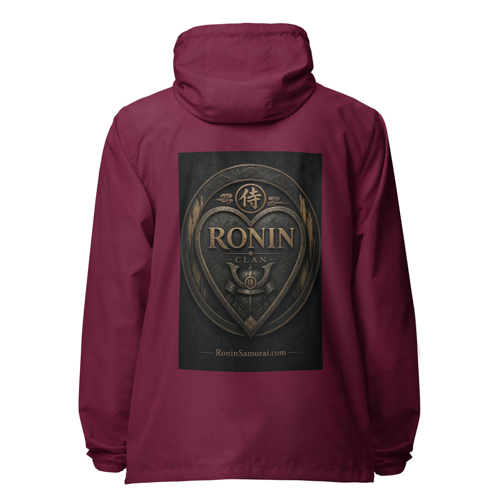 Bronze Crest Ronin Clan Windbreaker, maroon back: bronze heart shield with the 侍 seal, RONIN CLAN and a kabuto emblem