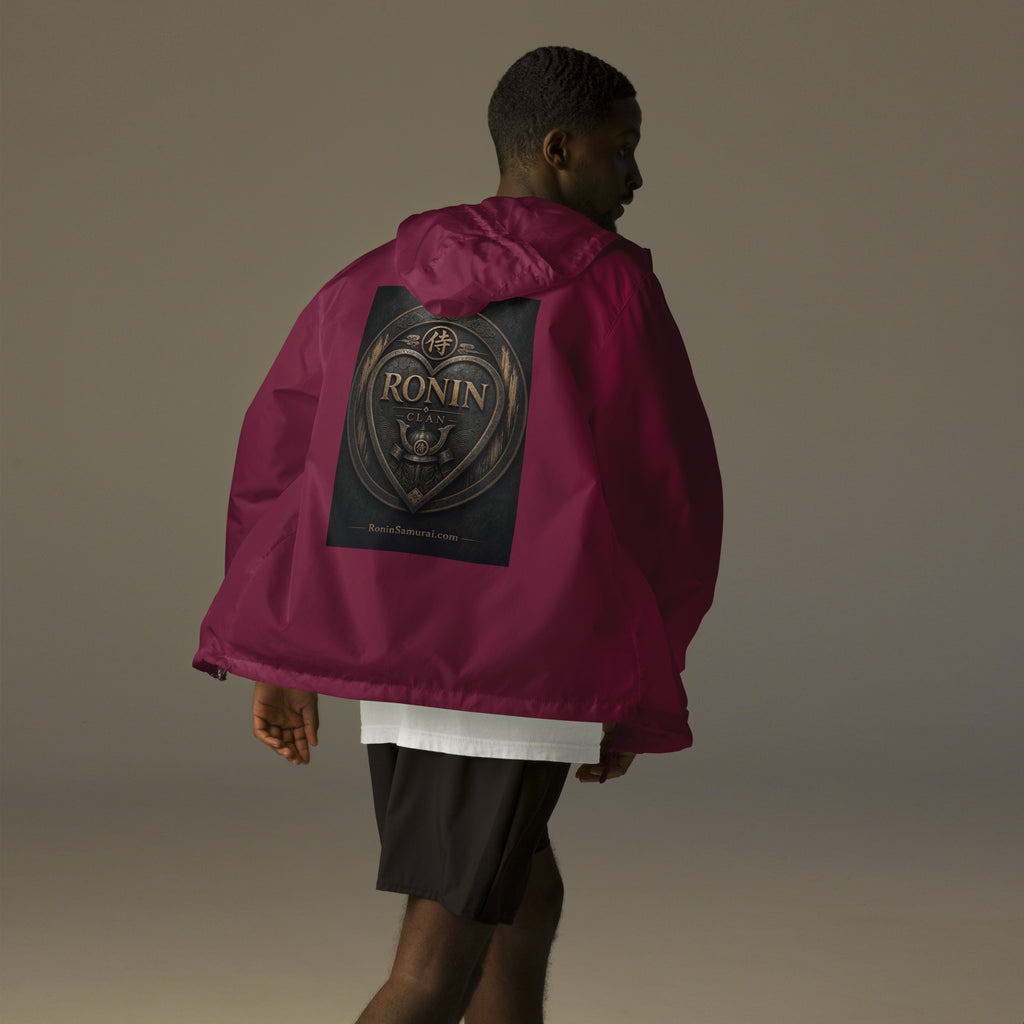 Bronze Crest Ronin Clan Windbreaker, maroon back: bronze heart shield with the 侍 seal, RONIN CLAN and a kabuto emblem