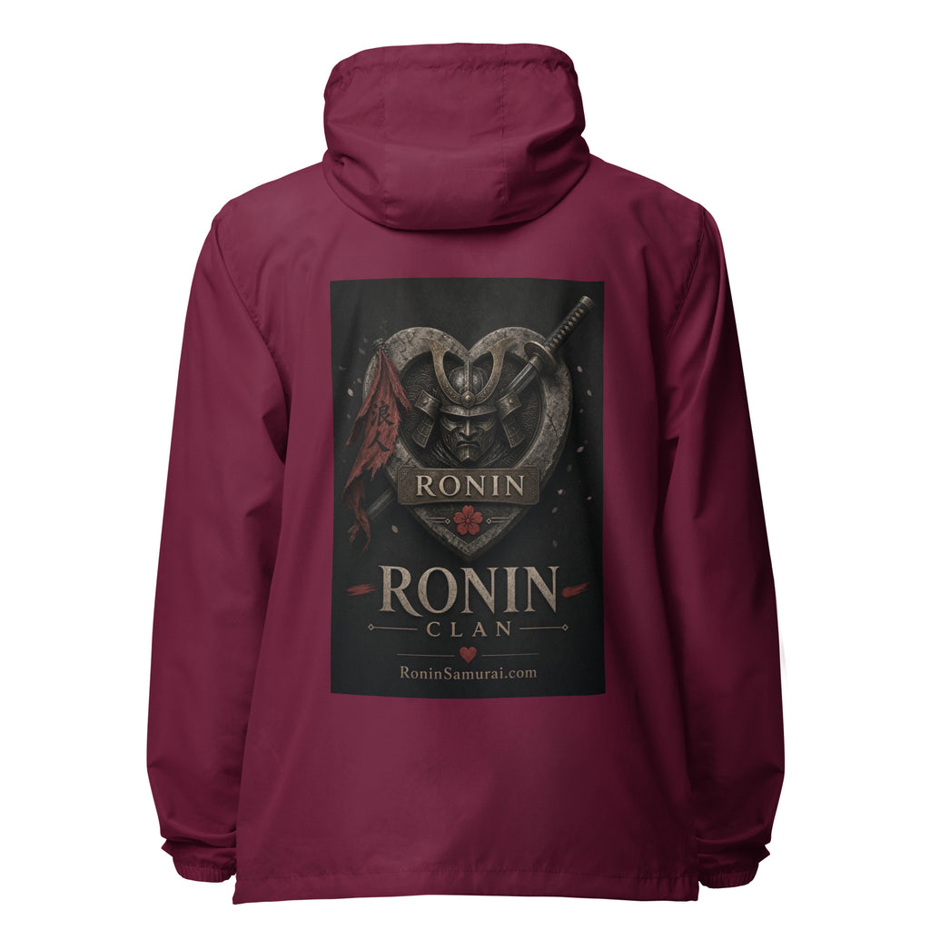 Kabuto Heart Ronin Clan Windbreaker, maroon back: stone heart with a masked kabuto warrior, katana and red banner, RONIN CLAN