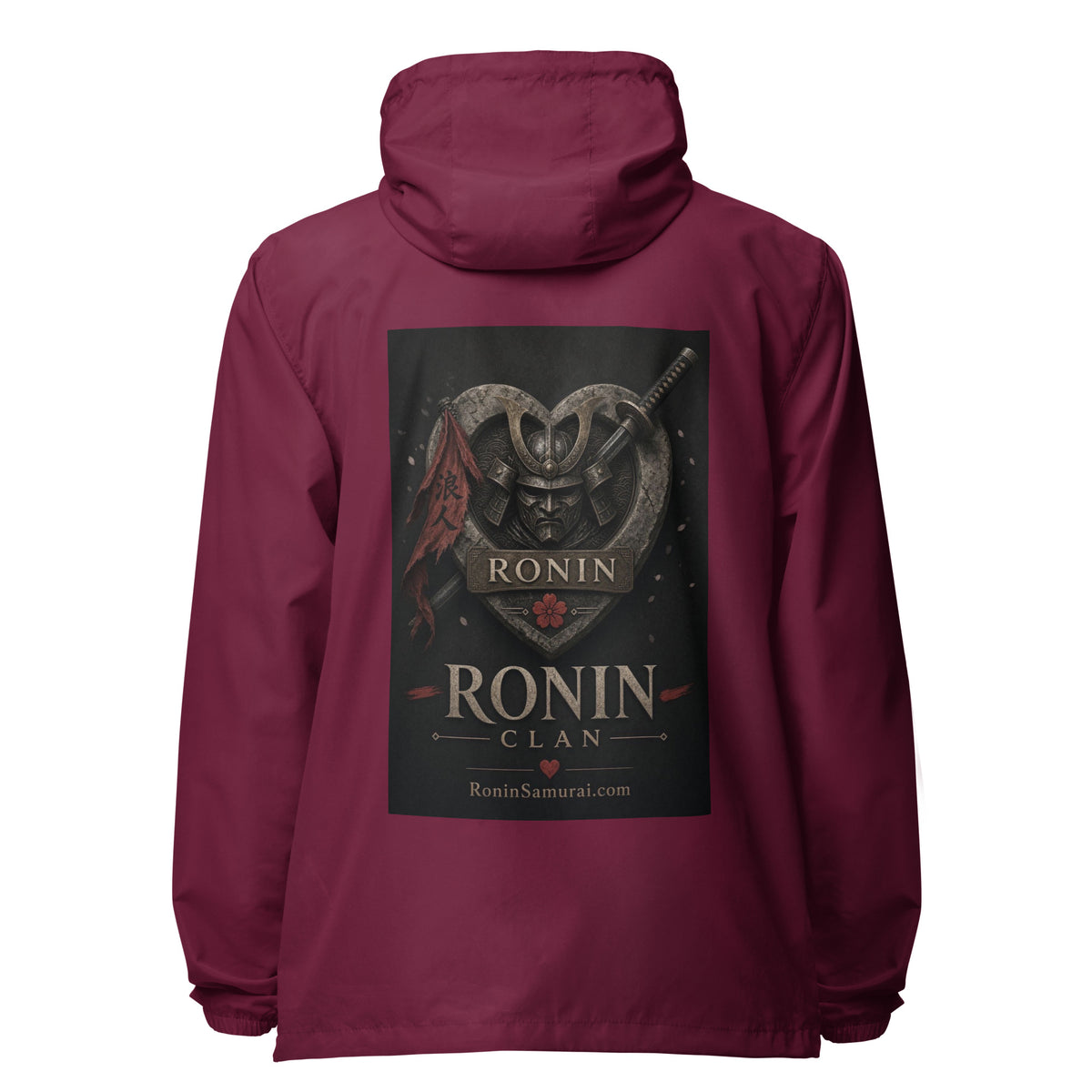 Kabuto Heart Ronin Clan Windbreaker, maroon back: stone heart with a masked kabuto warrior, katana and red banner, RONIN CLAN