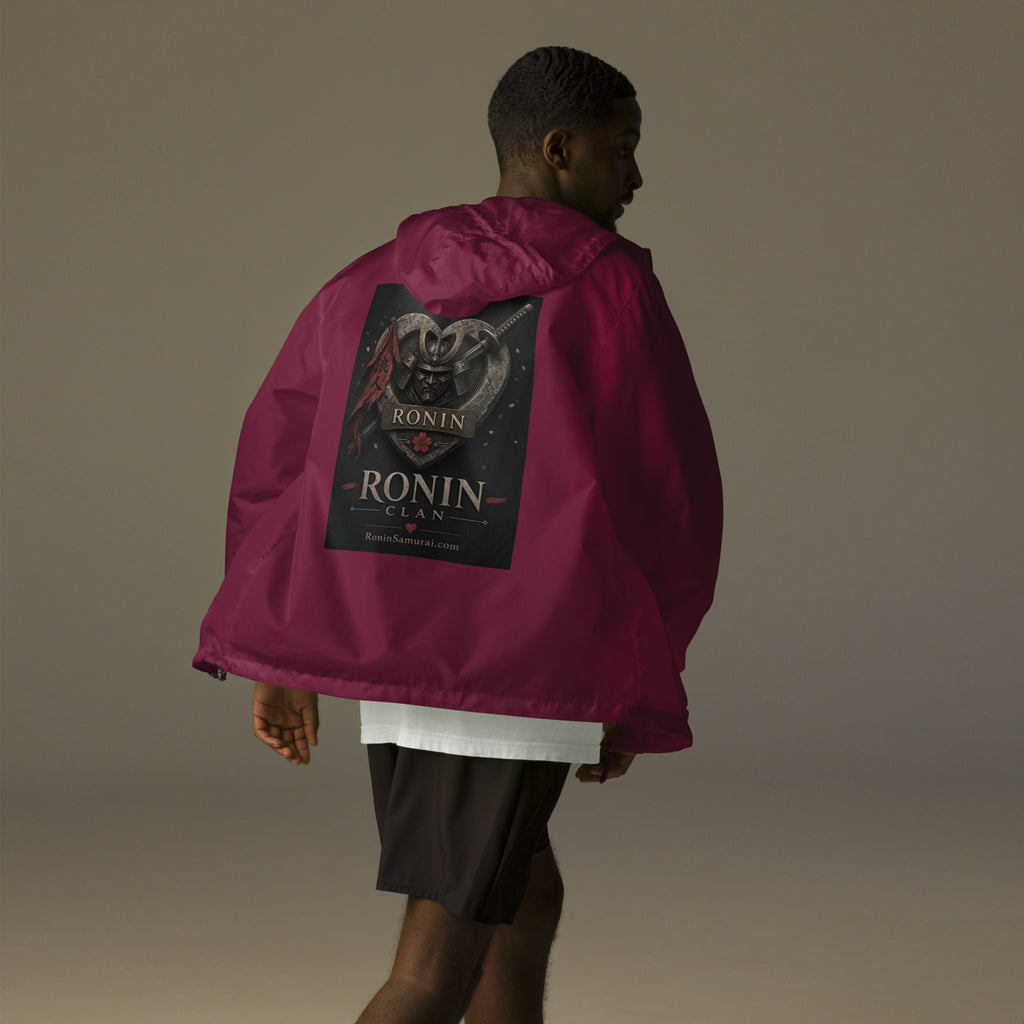 Kabuto Heart Ronin Clan Windbreaker, maroon back: stone heart with a masked kabuto warrior, katana and red banner, RONIN CLAN